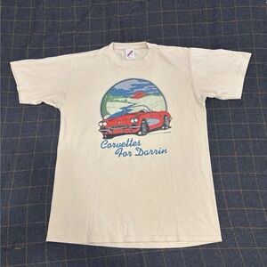 Jerzees Beige T-Shirt with Red Car Graphic